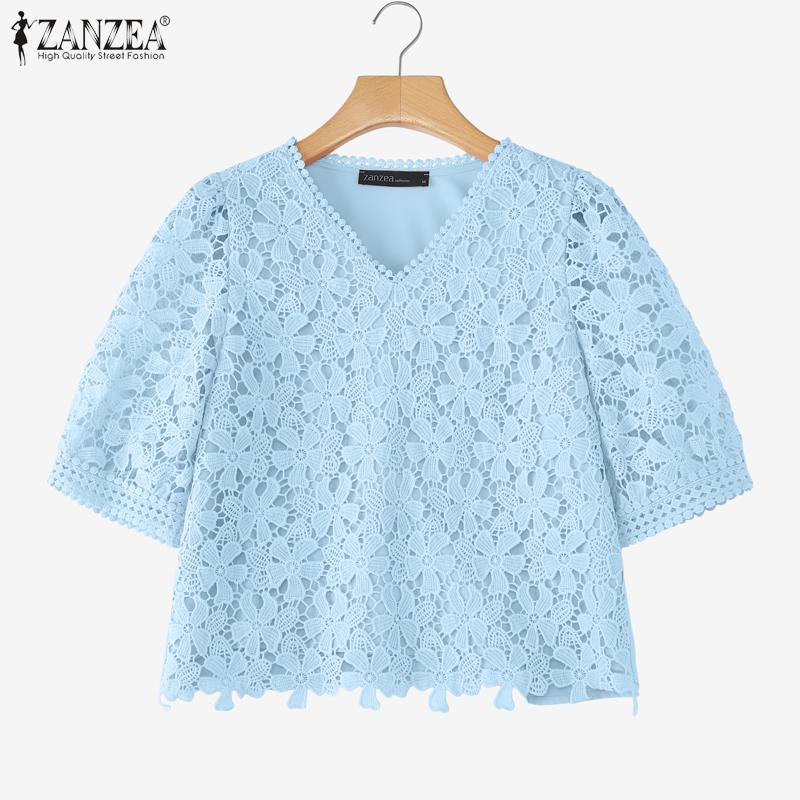 ZANZEA Women Summer V-Neck Short Sleeve Casual Lace Patchwork Blouse