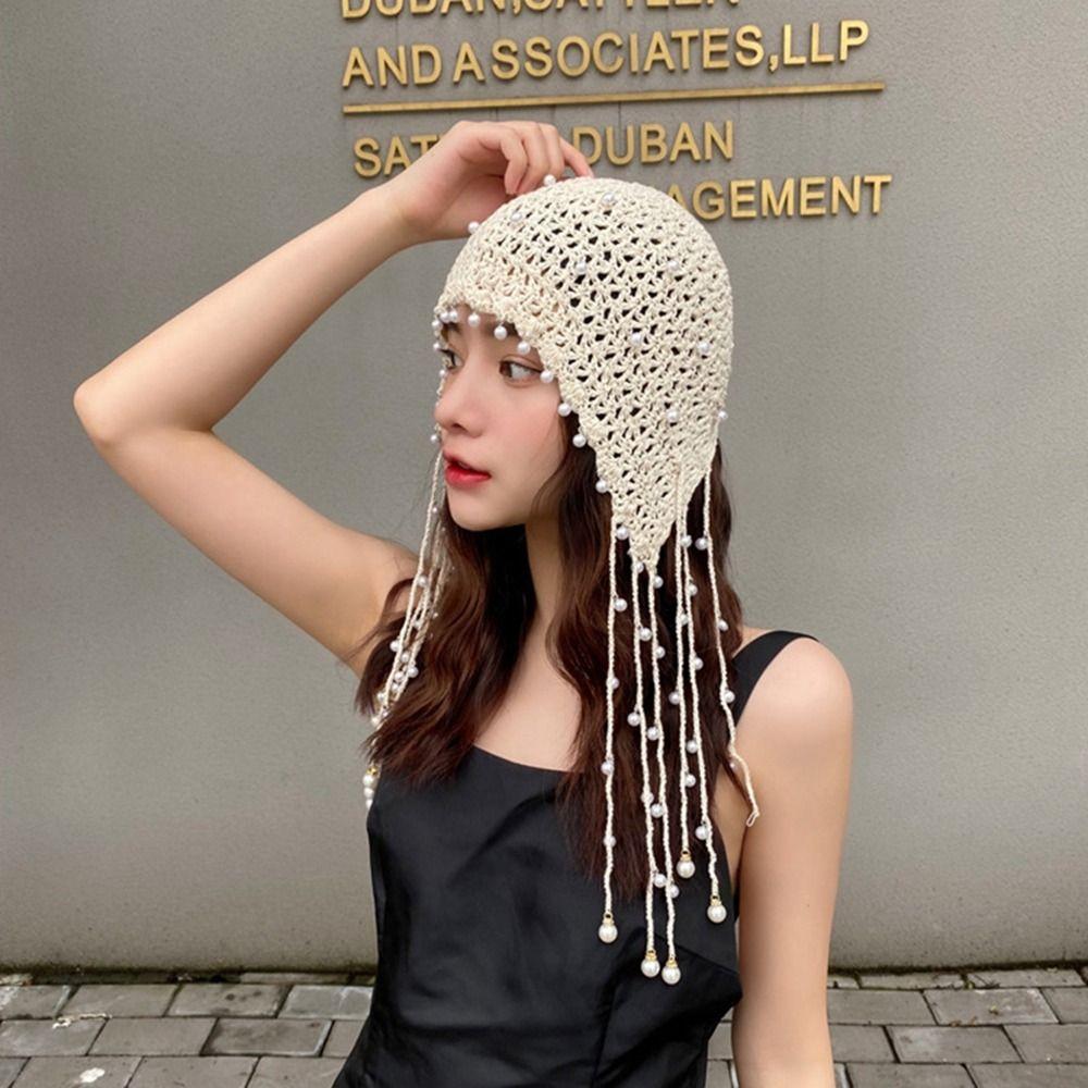 Hollow Out Knit Cap Beanies Ethnic Style Hat Fashion Hollow Pearl Tassels Knitted Hat Girls