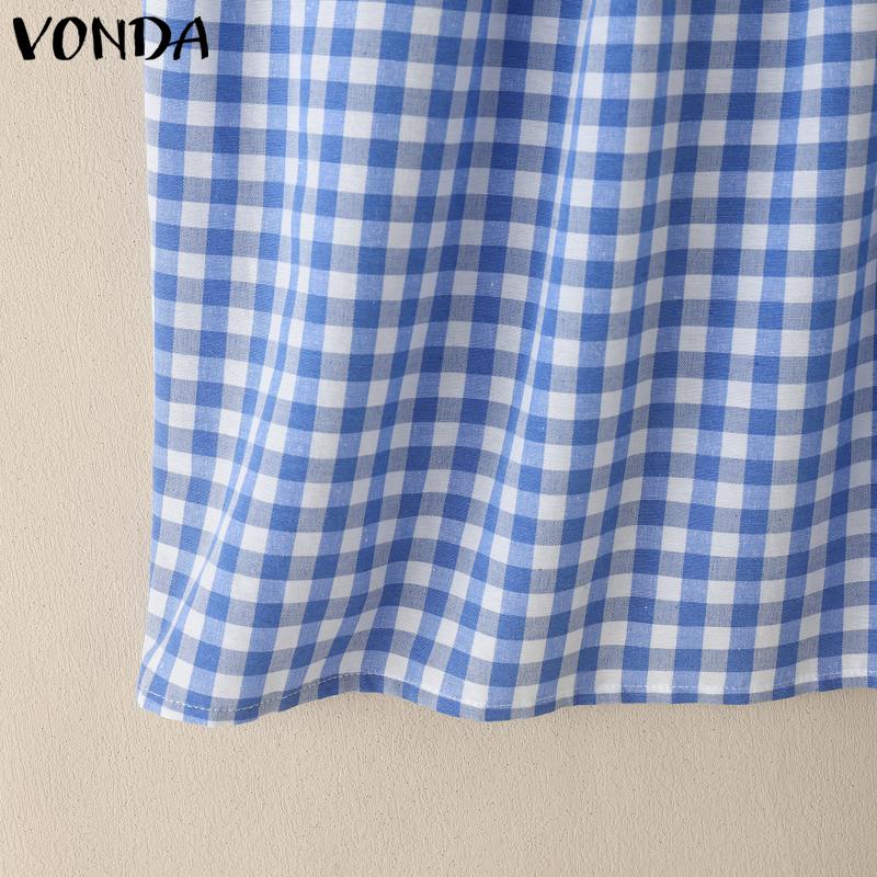 VONDA Women Summer Bow Strap Sleeveless Plaid Print Casual Ruffled Tank Tops