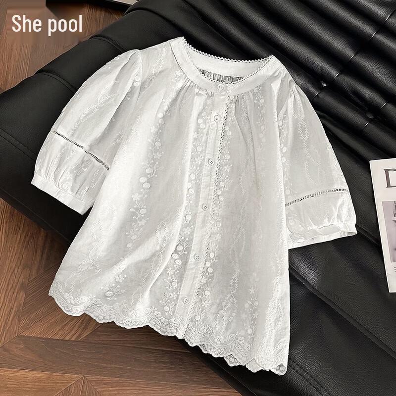 Shechi Women s French Hollow Embroidery Short Sleeve Shirt M