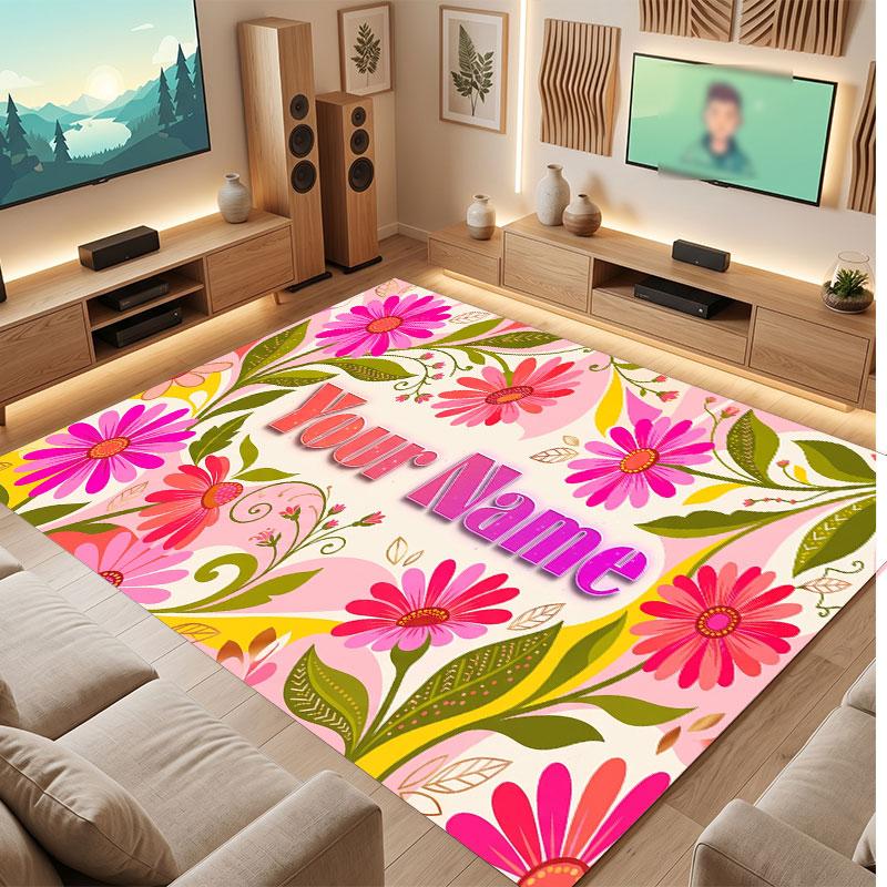 Floral Garden Theme Crystal Velvet Floor Rug Personalized Custom Name Text Warm Carpet Home Decoration