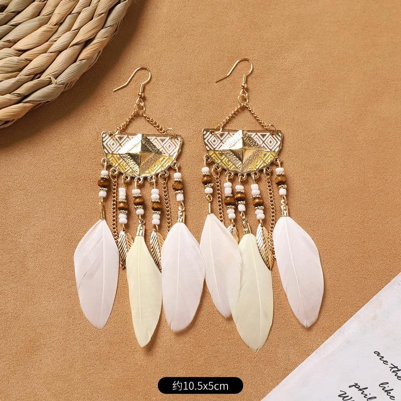 Bohemian Feather Earrings White Long Vintage Personality Tassel Women's Holiday Earrings