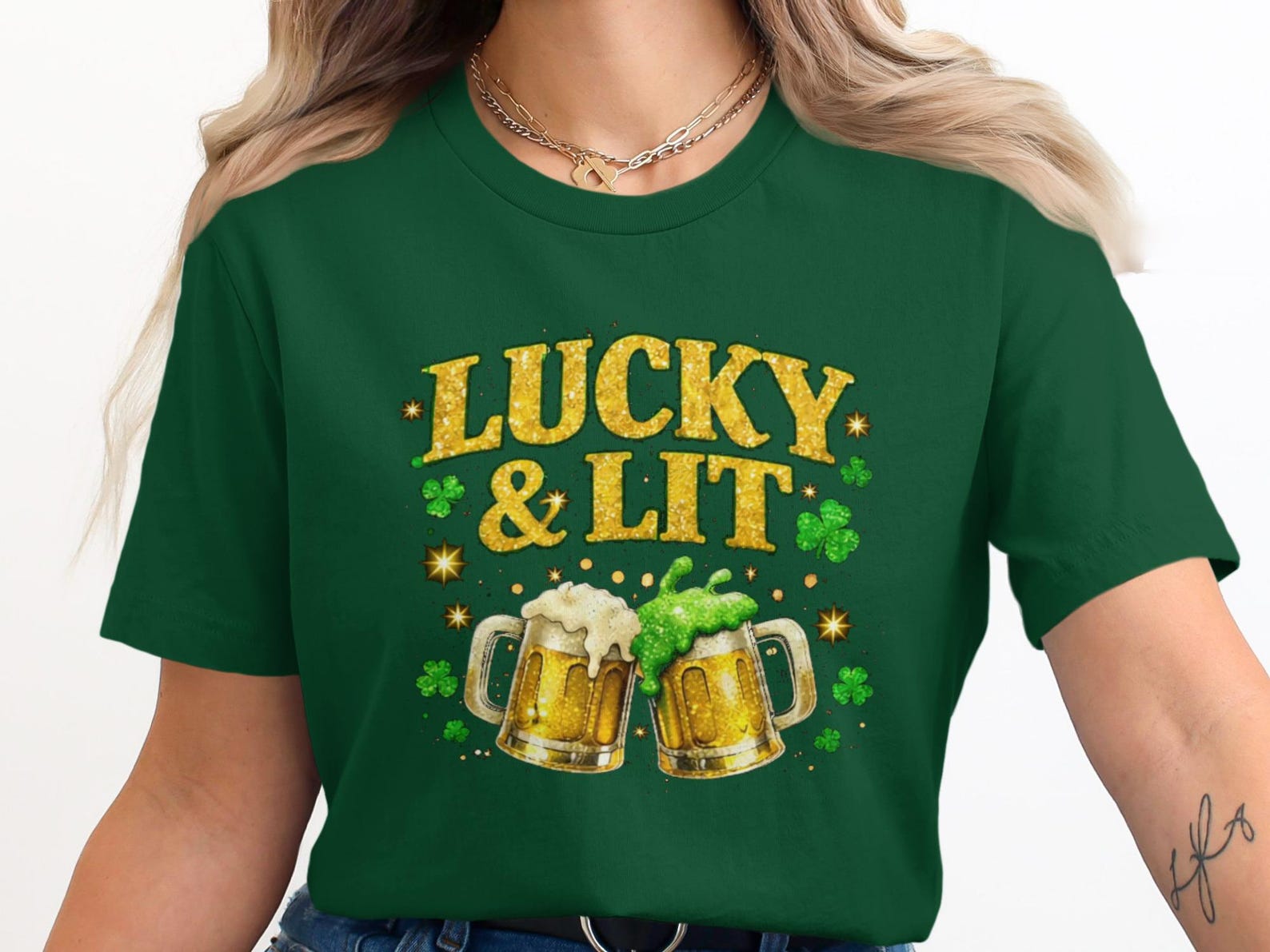 Lucky and Lit St Patrick s Day T-Shirt, Glitter Beer Mugs Shamrock Apparel S
