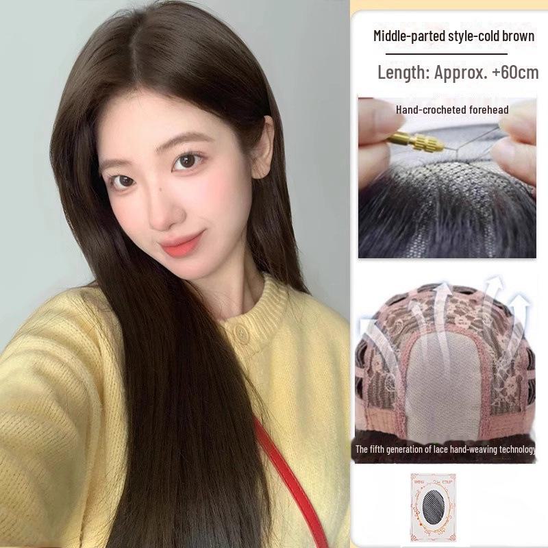 

Женский длинный прямой парик с кружевной передней частью и челкой — естественный вид, стильный пробор посередине, полное покрытие головы