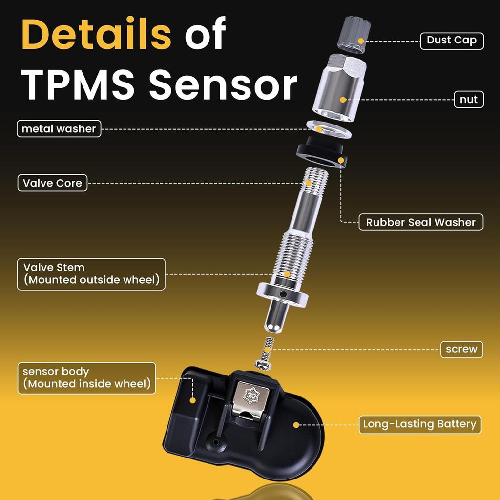 Universal TPMS Sensor 315MHz+433MHz, Tire Pressure Monitoring Sensor Programmable Compatible with TPMS Tool TS408 TS508, Replaceable Metal Valve Stem
