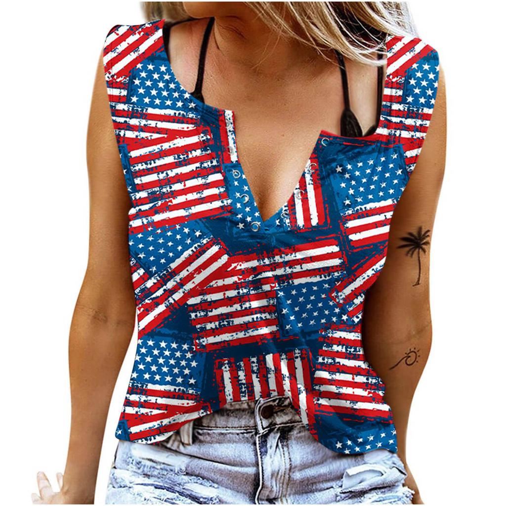 Tancuri pentru femei Sexy cu decolteu în V Topuri de vară fără mâneci Vestă Imprimare 3D Topuri cu pentagramă de camuflaj roșu