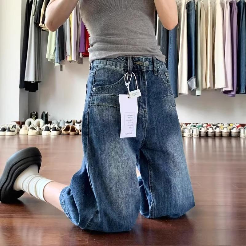 Women s High Waist Wide Leg Jeans Loose Casual Straight Leg Shorts Summer Washed Denim Capris S