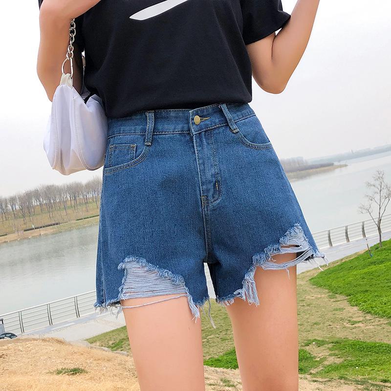 Women's 2021 Summer Ripped Denim A-Line Shorts - Wide Leg, Slimming, Loose Fit, Trendy Hot Pants
