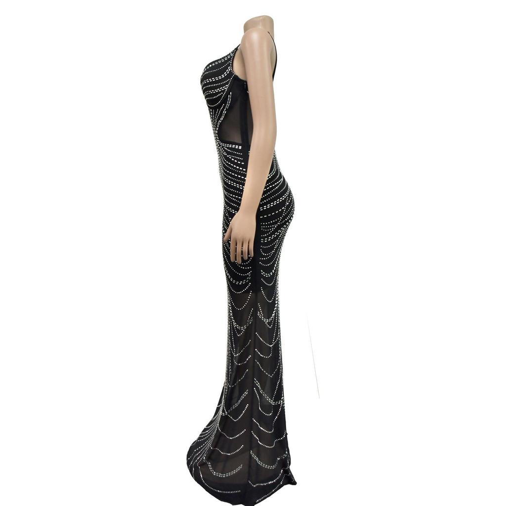 Women's Fashion Solid Color Mesh Strappy Long Dress with Hot Drilling Details