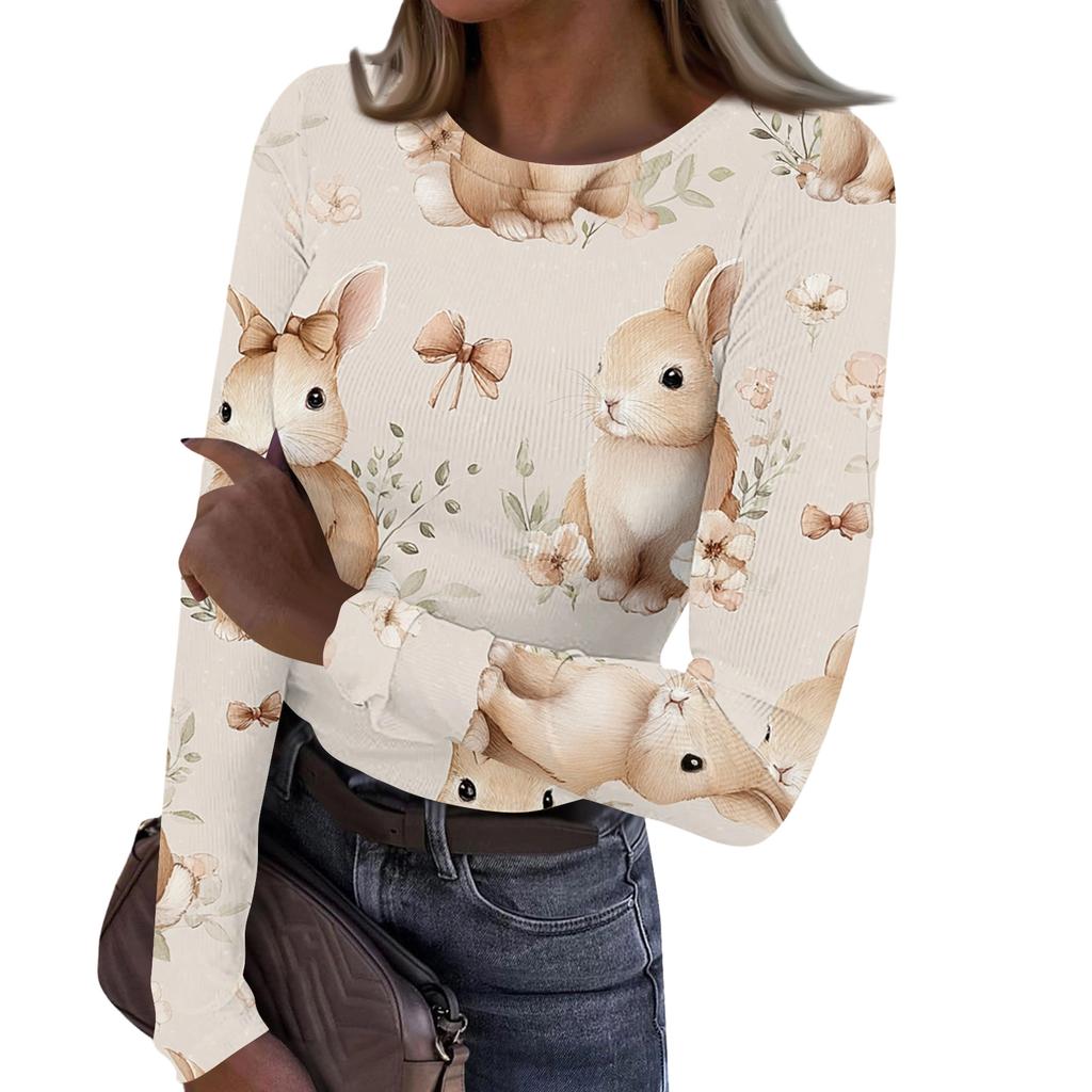 Women's Casual Fashion Round Neck Easter Print Long Sleeve Strip Top