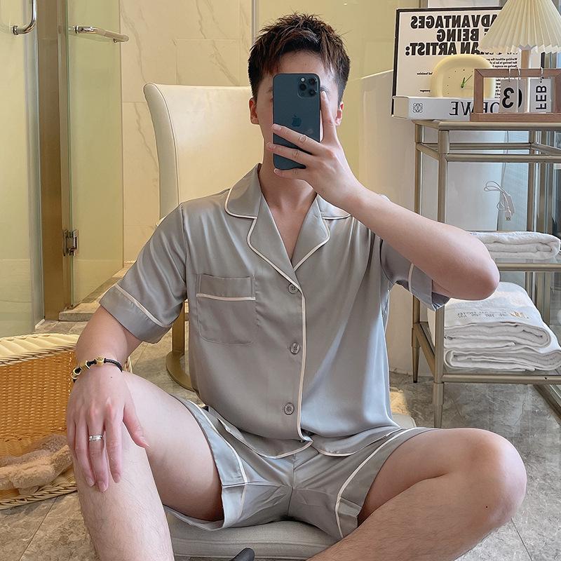 Men's Ice Silk Luxury Shorts & Short Sleeve Set - Korean Style for Teen Boys