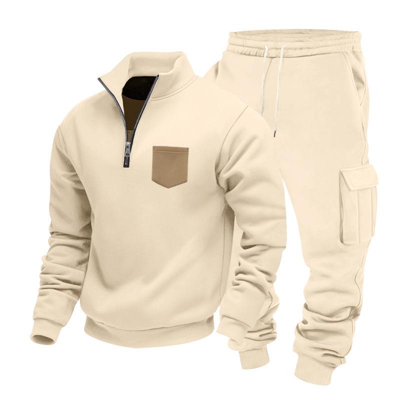 Autumn/Winter Heavyweight Men's Oversized Fleece-Lined Workwear Commuter Stand-Collar Sweatshirt & Workwear Sweatpants Two-Piece Set