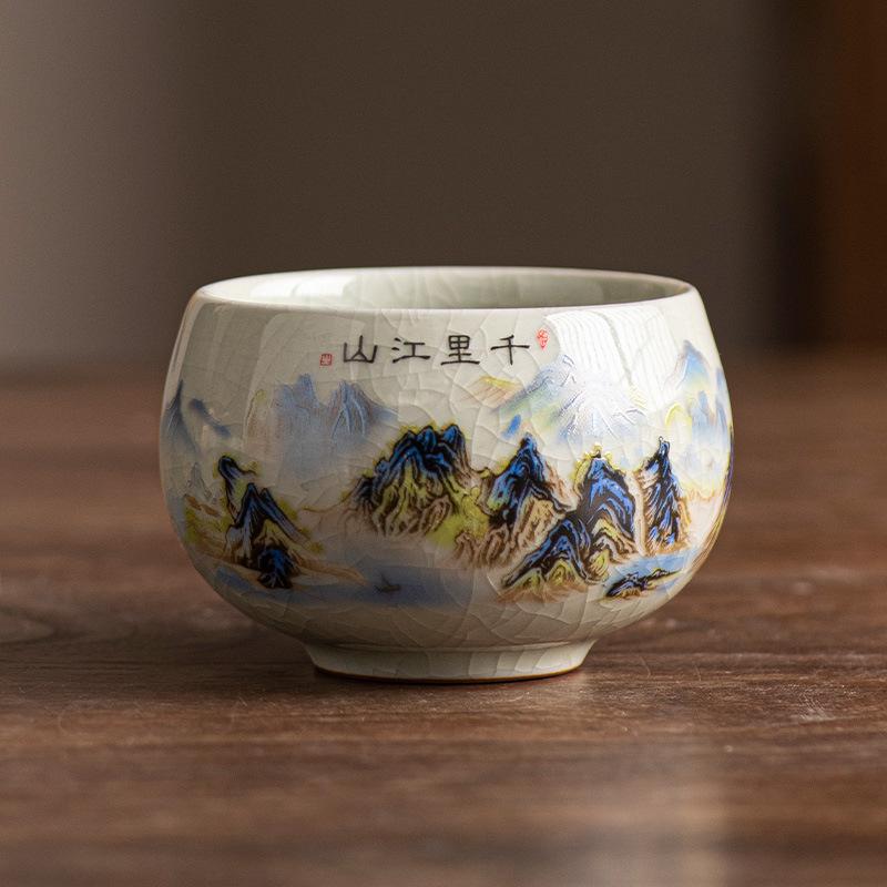 

Jewel yellow Ru kiln master cup Chan silent cup high-end tea drinking cup thousands of miles of country