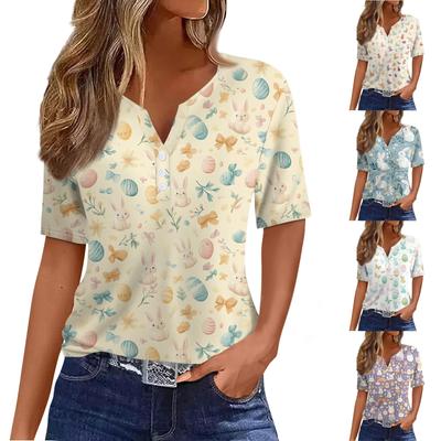 Dámské tričko s potiskem, knoflíky, krátký rukáv, denní, víkendová móda, základní V-výstřih, běžný top