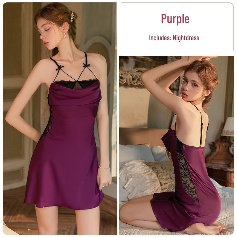 DZ Rose Satin Lace See-Through Deep V Suspender Skirt with Outer Robe Home Set