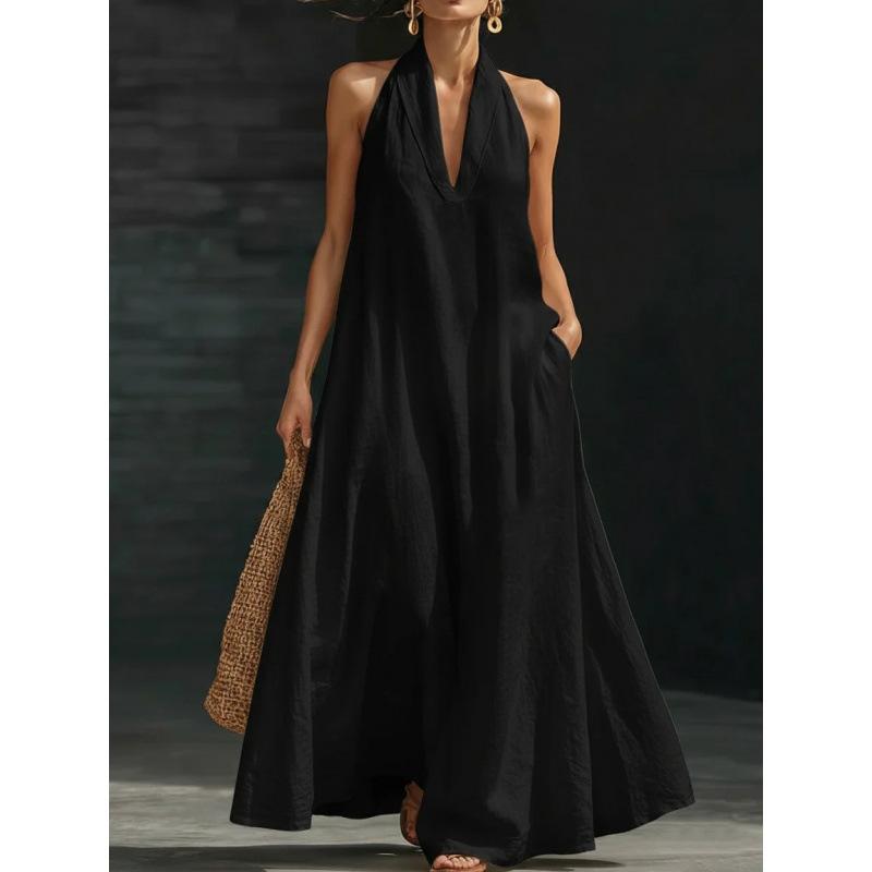 European and American new summer women s casual solid color V-neck dress TikTok new products S