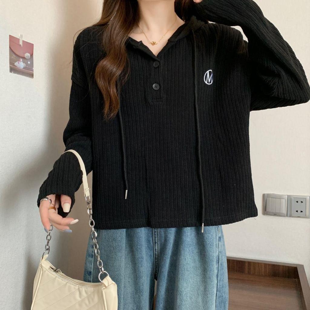 Plus Size Women's Hooded Button Long Sleeve T-shirt - 2025 Korean Style Slimming Top for Spring/Autumn