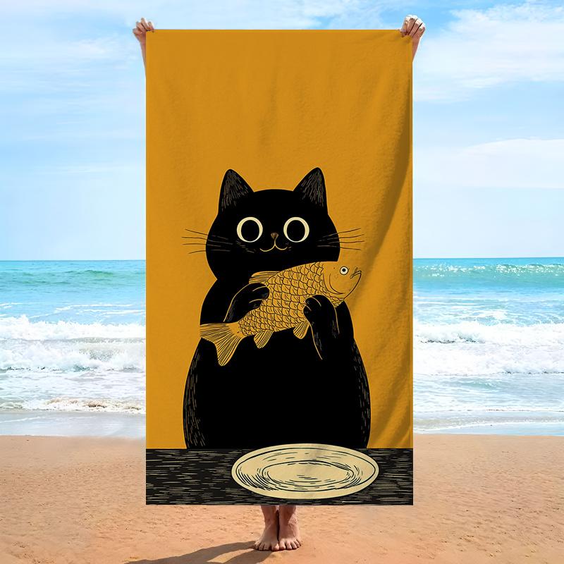 

Cat Holding Fish Beach Towel, Playful Black Cat Design Soft Microfiber Absorbent Quick Dry for Travel Camping Swimming W40*H60(CM)