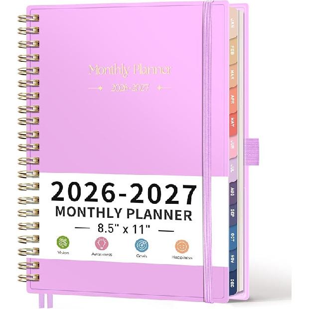 RETTACY 2026-2027 Monthly Planner, Jan 2026 - Dec 2027, Large Size (8.5" x 11"), Agenda, Calendar, 24 Month Tabs, Flexible Plastic Cover, 100 GSM