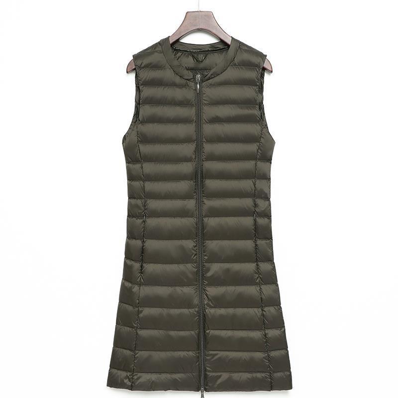 

Ультралегкий пуховий жилет жіночий довгий жилет вітрозахисний легкий теплий жилет жіноче пухове пальто довга приталена безрукавка XXXXL темно-зелений колір