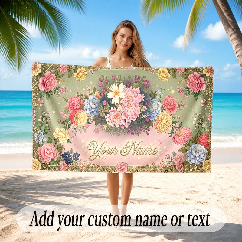 Floral Garden Theme Soft Beach Towel Personalized Custom Name Text Towel Portable for Beach Pool Travel