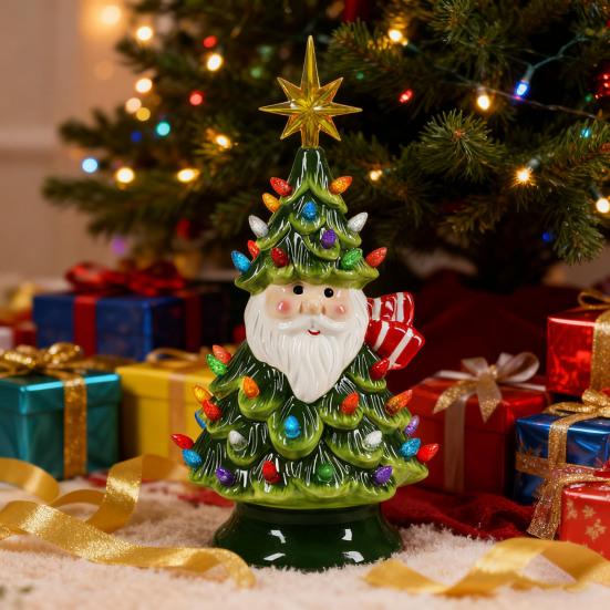 Lighted Up Santa Christmas Tree Decor 11 Inch Resin Old Man Christmas Tree Light with Multicolored Lights And Star Topper for Holiday Tabletop Decor