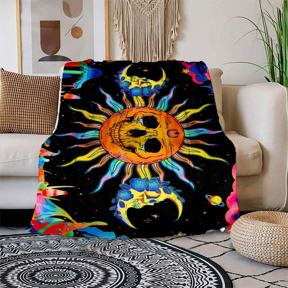 Psychedelic Skull Sun Tapestry - Trippy Celestial DecorBlanket Flannel Throw Blanket for Sofa, Bed, Travel, Camping, Office, Couch, Chair, A 150x180cm