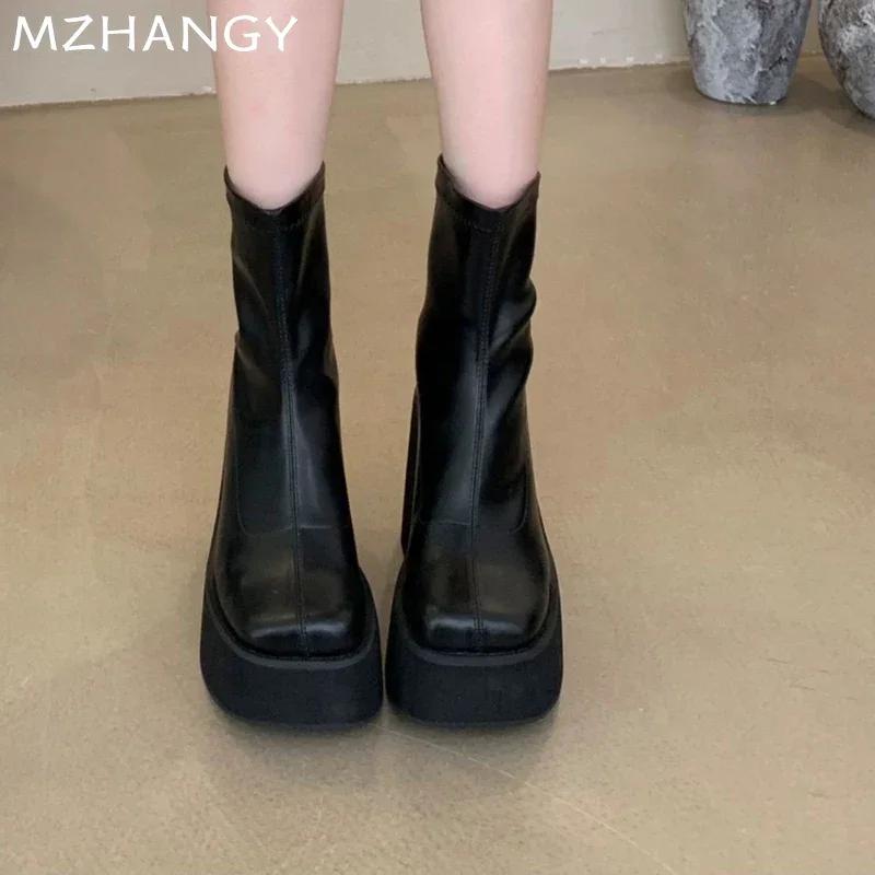 Platform Women Ankle Boots High Heels Leather Shoes Woman 2025 Trend Fashion Elegant Chelsea Boots Winter Goth New Mujer Botas