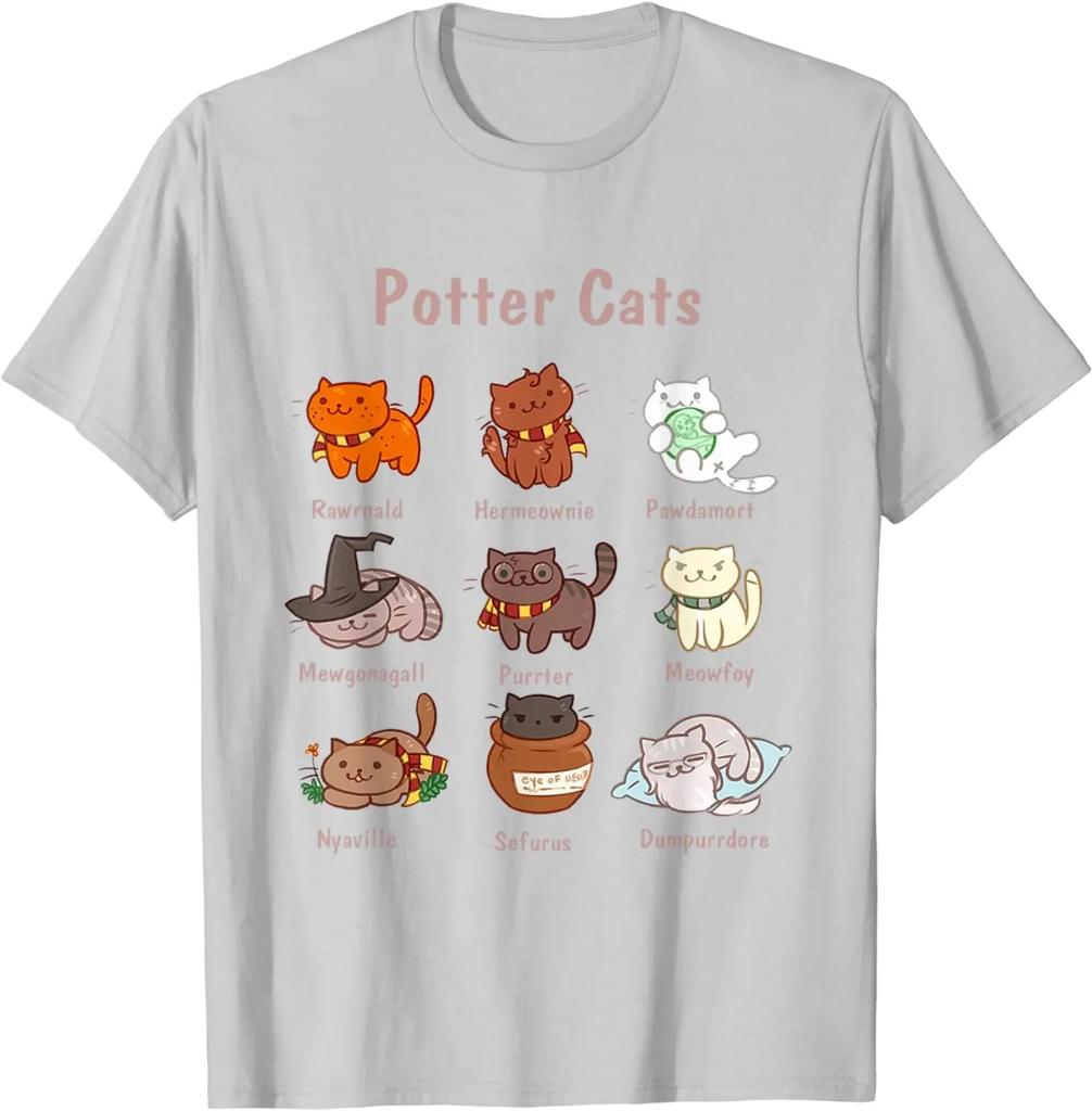 Potter Cats Graphic Tee Funny Feline Characters Cotton TShirt Gift for Cat Lovers