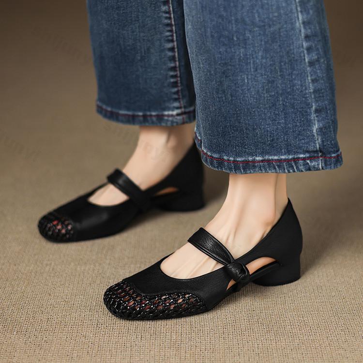Fashion Women Fashion Casual Single Shoes Summer 2025 New Hollow Breathable Square Head Shallow Mouth Pumps Comfortable Elegant Sandals