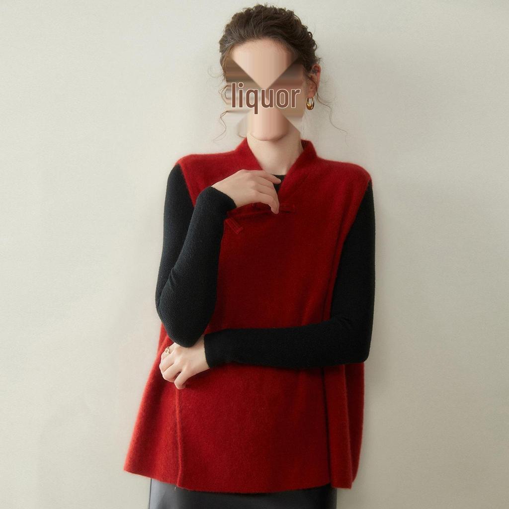 Women's Cashmere Frog Button Chinese-Style Knit Shawl Vest