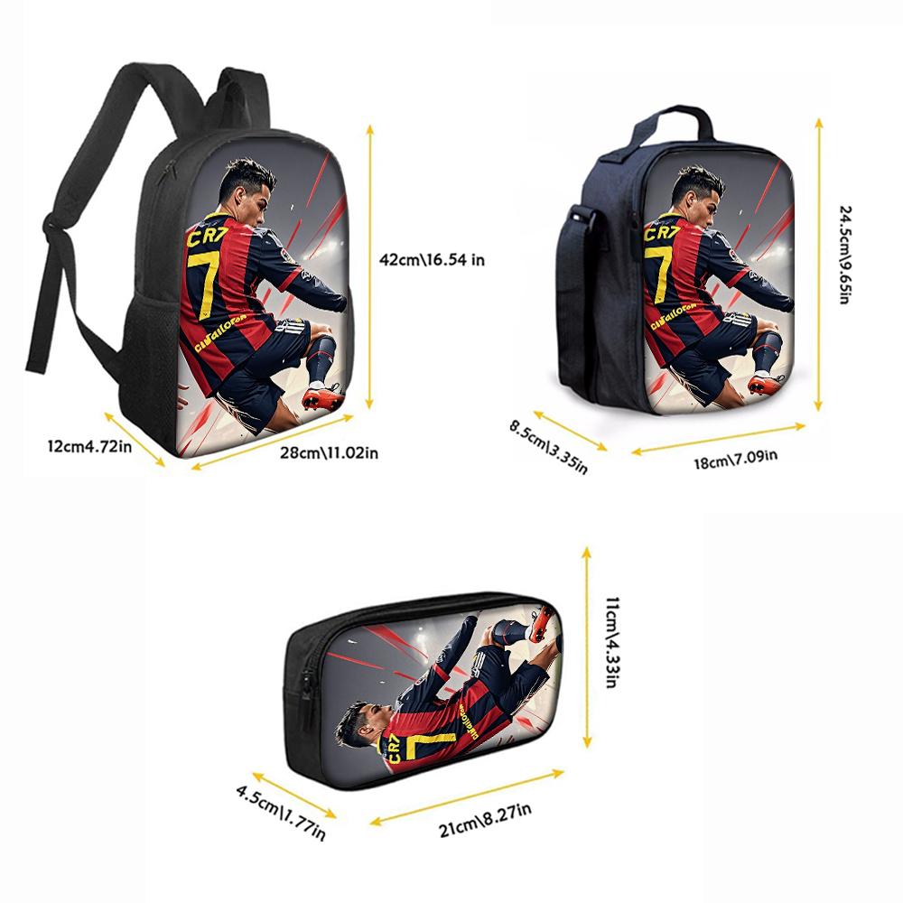3-Piece CR7 Soccer Star Pattern Backpack Set – Large-Capacity Casual Backpack with Matching Clutch & Tote Bag, Perfect for Daily