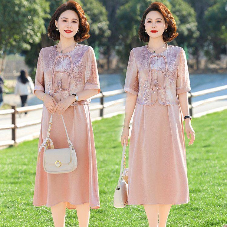 Elegant 2026 Chiffon Dress for Middle-Aged & Elderly Women - 50s Inspired, Tummy Covering, Short-Sleeve Summer Style