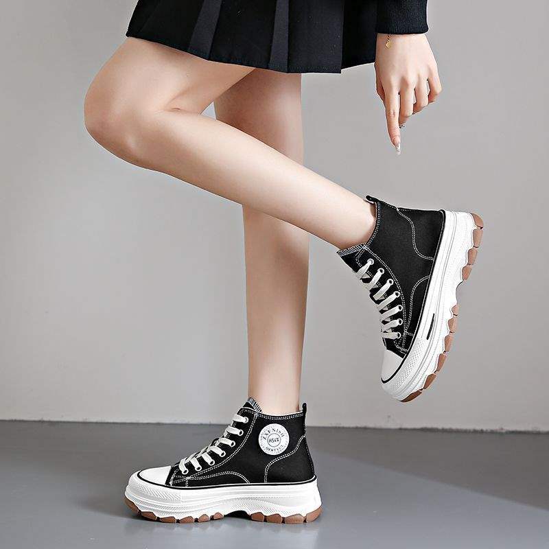 Thick-soled high-top canvas shoes women's Korean version of versatile spring and autumn new breathable non-slip mid-heel ins sports and leisure b