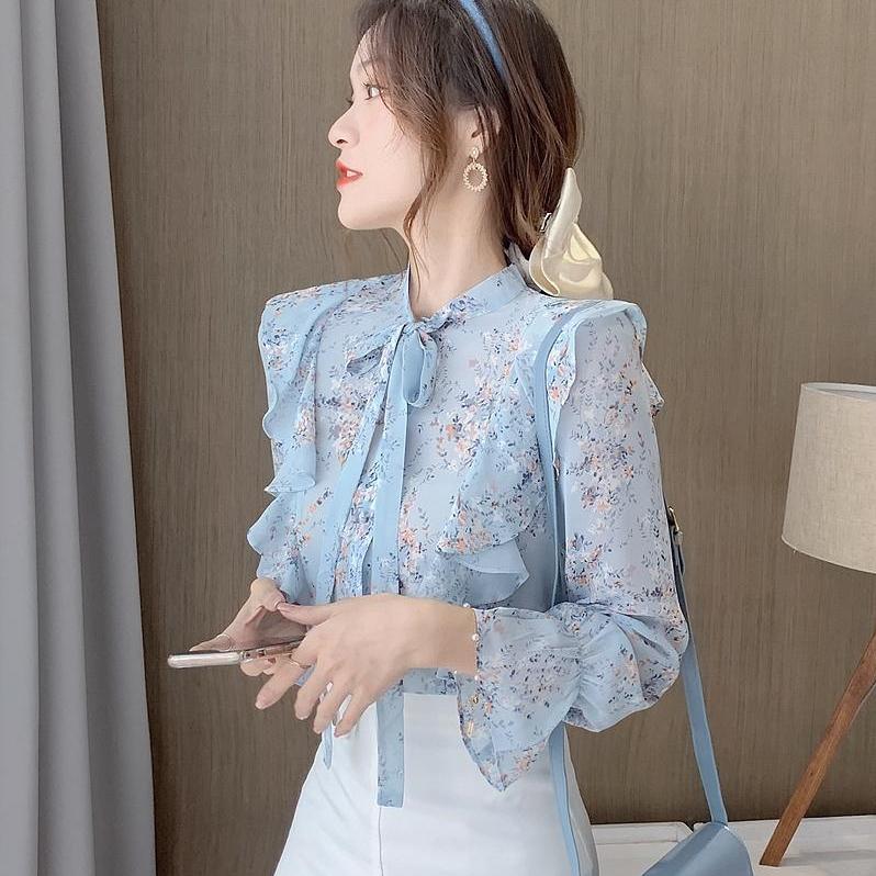Spring Fashion Bow Chiffon Shirt Blouse Women's Ruffled Flowers Versatile Long Sleeve Top