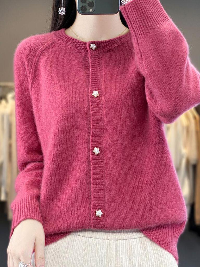 2023 Fall/Winter Women's Wool Cardigan: Stylish Round Neck, Loose Fit, Versatile Knitwear, Long Sleeve Sweater