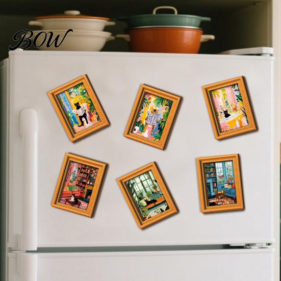 Artistic Wall Decor for Metal Cabinets Cute Cat Magnetic Fridge Magnet, Vintage Wooden Picture Frame, Fun Flexible Frames Desk Scene Cabinets,