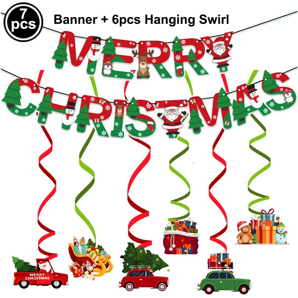 Merry Christmas Banner Hanging Swirl Decorations Set Xmas Holiday Santa Snowman Elk Sign Hanging Indoor Decor Party Supplies