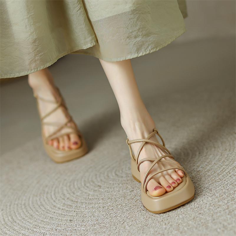 Meotina Femmes chaussures en cuir véritable plate-forme été boucle sandales sangle croisée chaussures pour dames abricot jaune cuir de vache