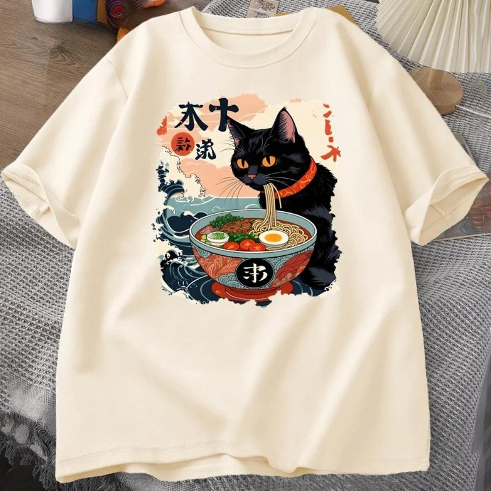 Cat Anime Tshirt Ramen Japanese Funny Graphics Tee Noodle Cat T-shirt Women s Short-sleeved T-shirt Harajuku Clothes M