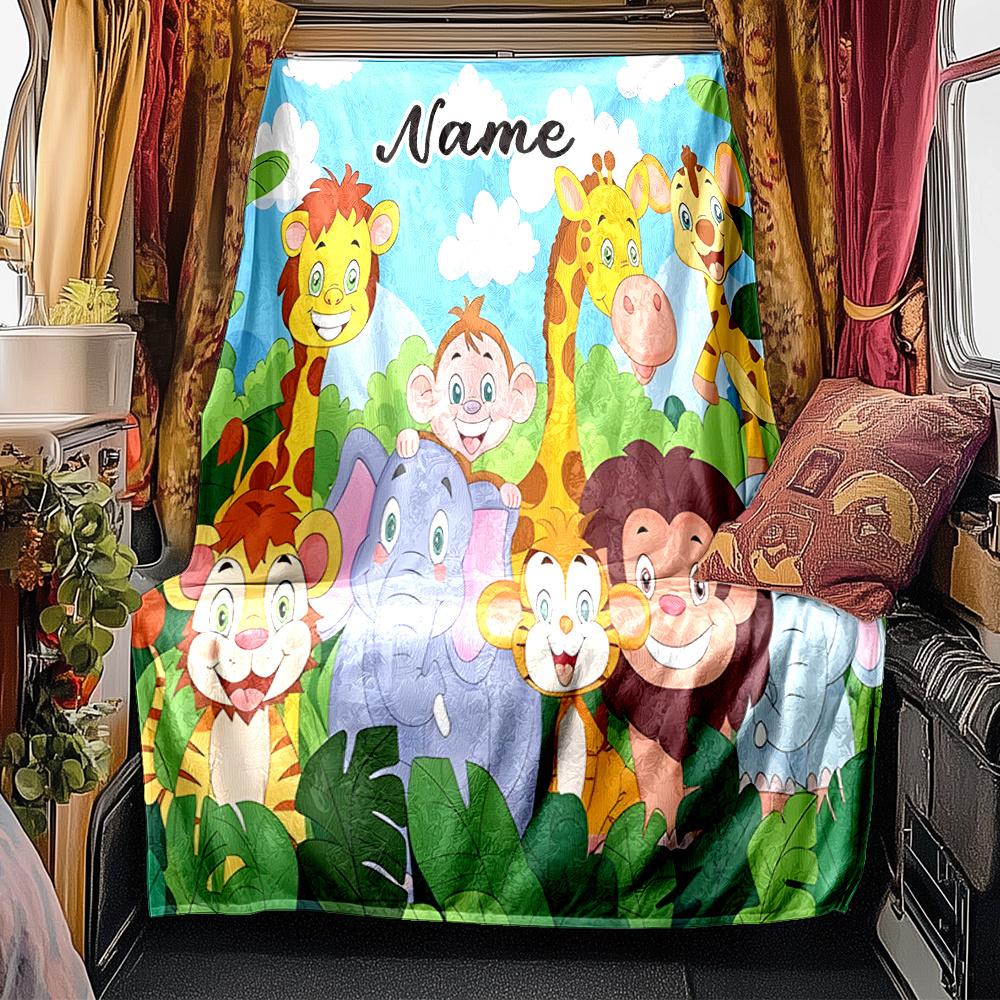 Jungle Adventure With Animals And Friends Blanketcustomize Your Name Lightweight Comfortable And Stylish Blanket For Travel Bed Home Chair Office Sofa