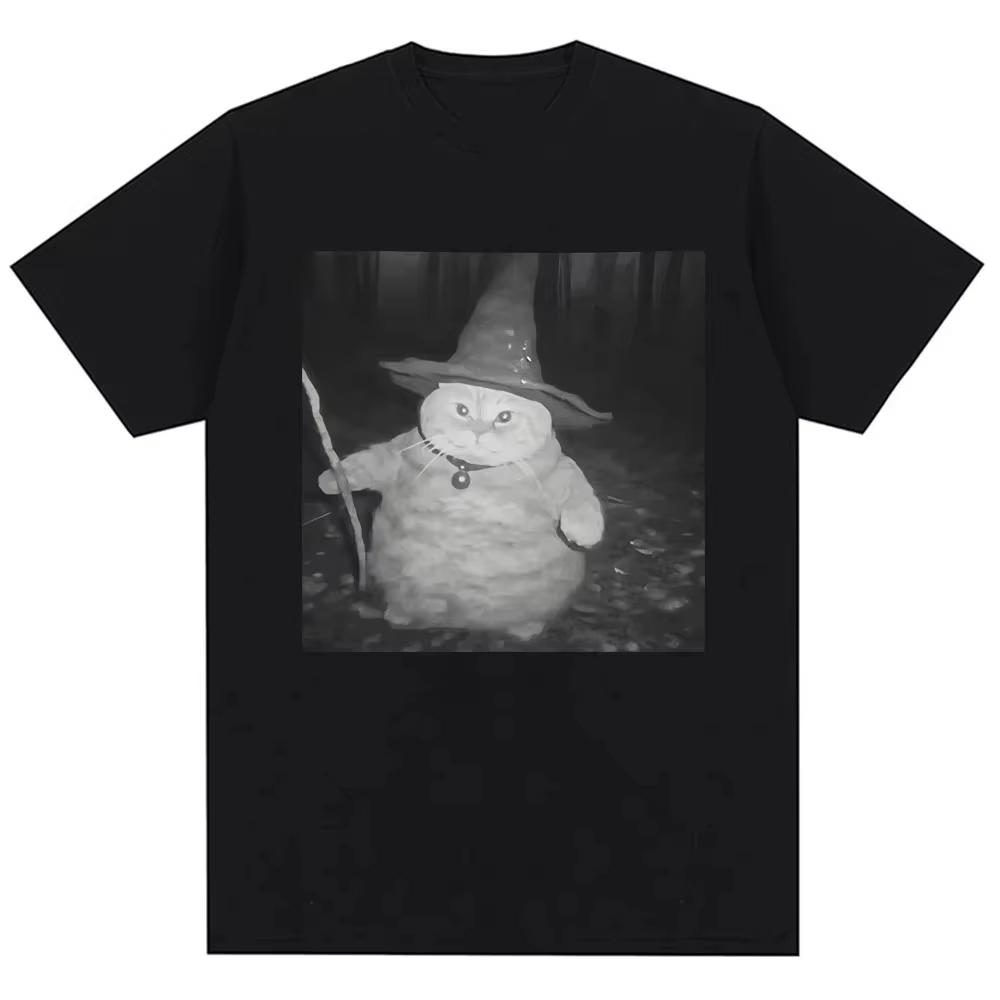 

Trend Humor Joke Novelty Women Unisex Short Sleeve Vintage Tshirt Fat Wizard Cat Funny Meme Graphic T Shirts 4XL