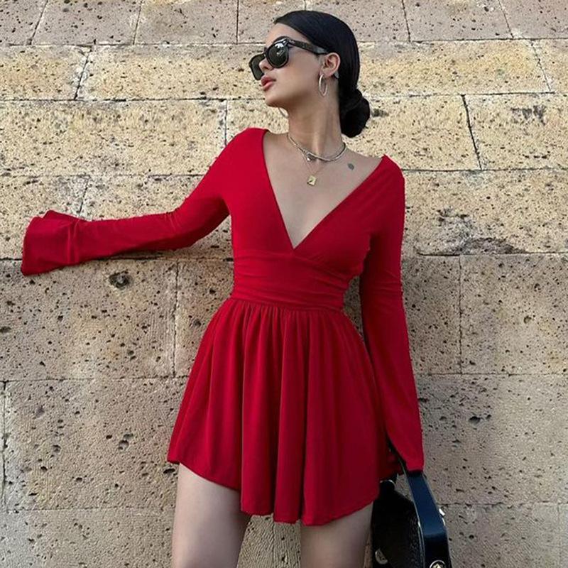 

Европейские и американские женские весенне-осенние сексуальные однотонные платья с открытой спиной и длинными рукавами, V-образным вырезом и поясом, пикантное платье для девочек L