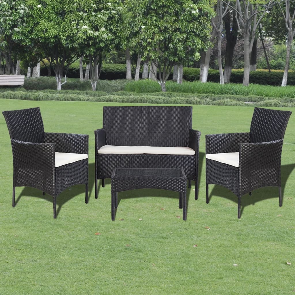 4 Piece Garden Lounge Set with Cushions Poly Rattan Black