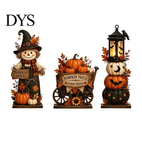 Wooden Ghost Ornaments 3Pcs Halloween Decorations, Fall Tabletop with Black Cat Pumpkin Rustic Wood Craft Elements, Retro Figurines for Mantel,