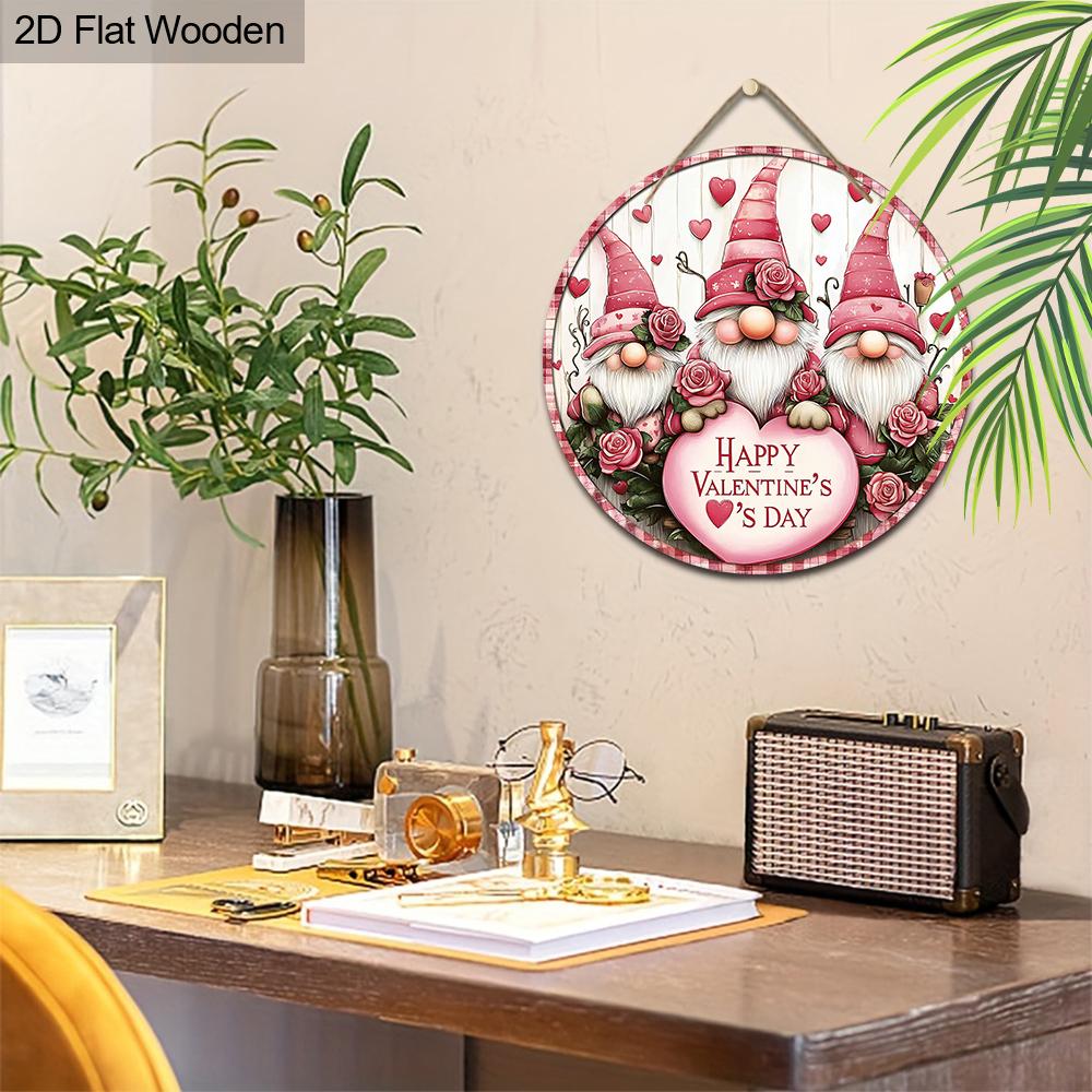 Pink Valentine's Day Wooden Sign with Adorable Gnomes Pattern - Romantic Round Sign for Front Door Wall Hanging Decor - Ideal Gift for Valentine