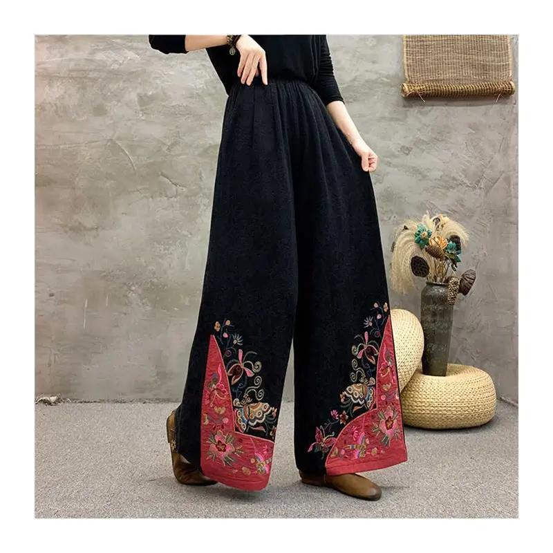 Women's Black Wide Leg Pants Ethnic Style Embroidery Cuff Loose Casual Trousers
