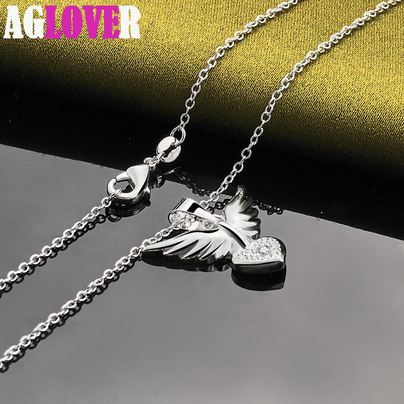 925 Sterling Silver AAA Zircon Love Heart Wings Pendant Necklace Jewelry