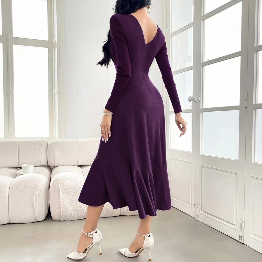 Women's Elegant Long Sleeve Round Neck Slim Fit Evening Dress for Formal Occasions