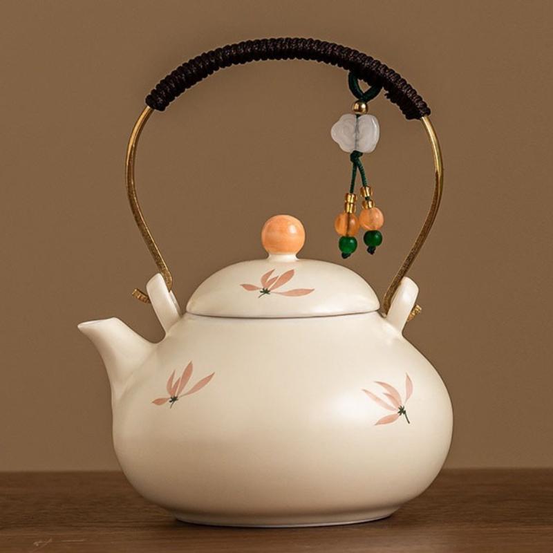 Beige Orchid Ceramic Handle Teapot Small Capacity Single-Person Brewing Teapot Ceramic Gongfu Tea Set